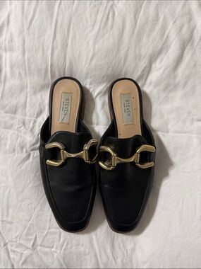 Steven by Steve Madden Black Leather Mule Loafers with Gold Chain